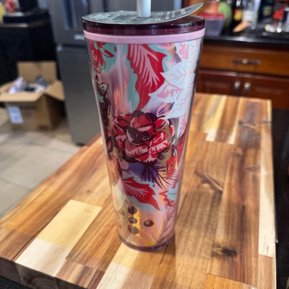 Starbucks Red and Pink Floral Tumbler with Straw
